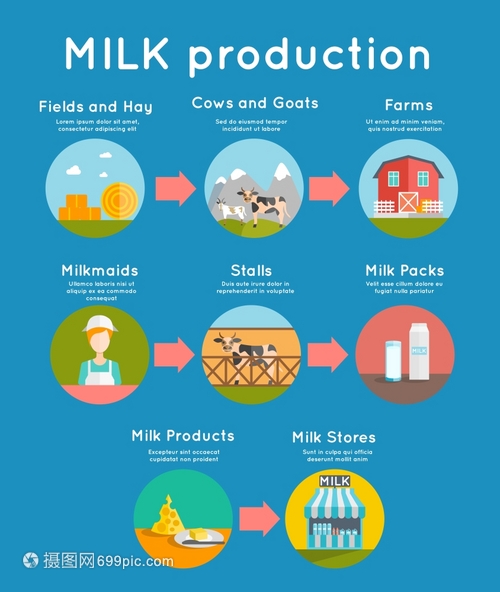 牛奶平牛奶生产与平乳制品生产图标矢量插图