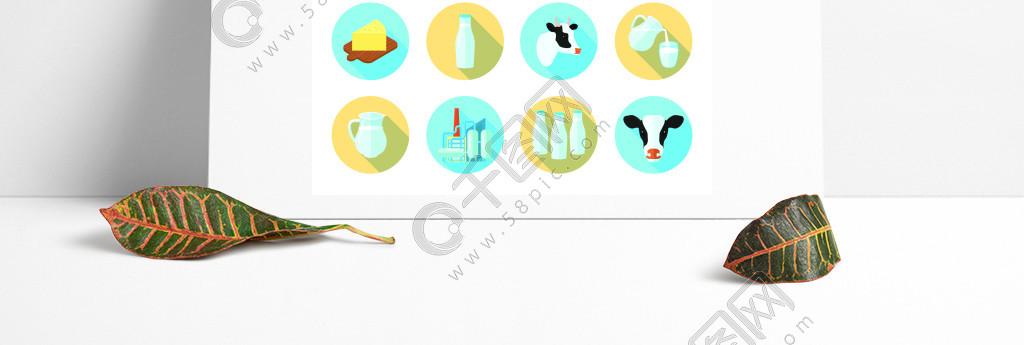牛奶平图标设置牛奶乳制品生产农场平面图标设置与奶酪黄油圆形阴影