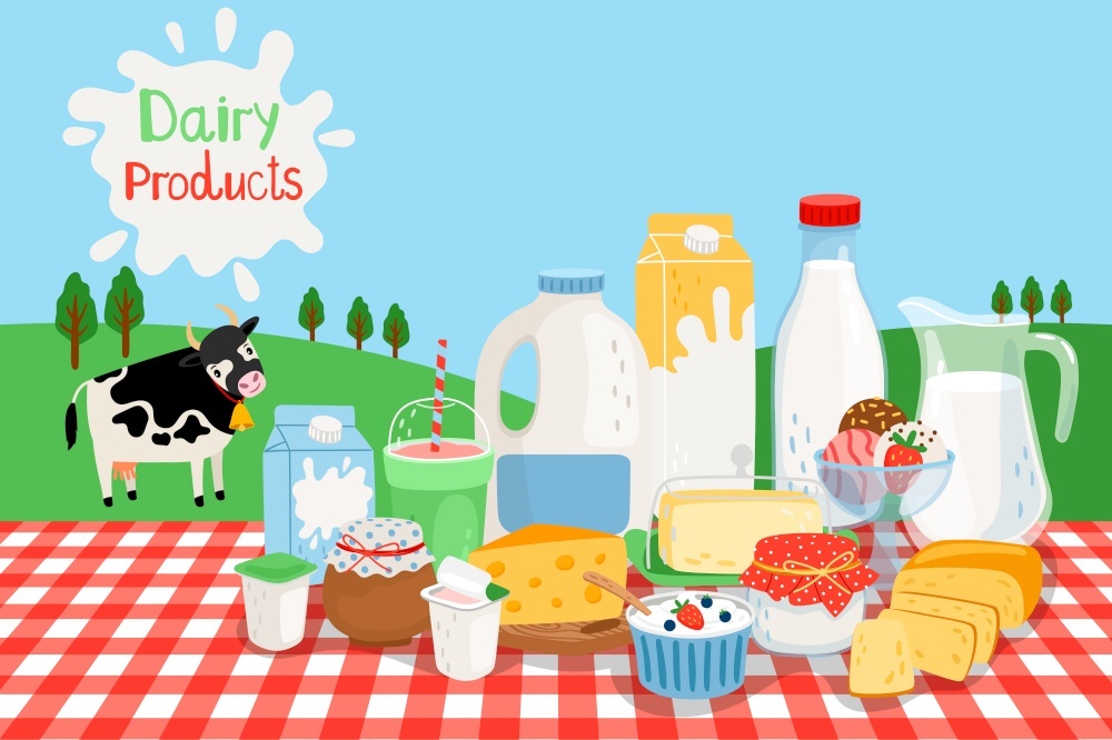 牛奶农产品矢量图自然绿色领域国家风景用母牛和乳制品工业食物有机农厂生产和农村草甸牛奶农场产品